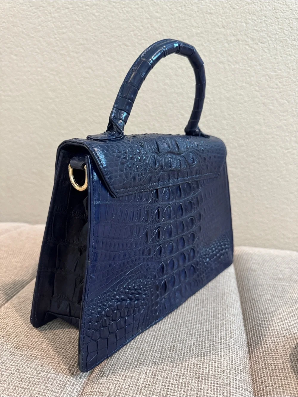 Navy Blue Croc-Embossed Top Handle Bag with Gold Hardware